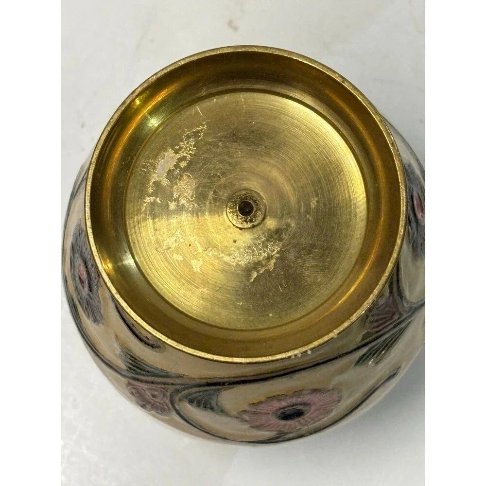 Vintage Brass Enamel Floral Vase Hand Painted India Etched Gold Tone 5